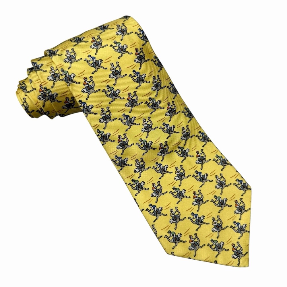 Hermes Mens Tie Racing Ostriches Yellow Silk 7987 EA 3 5/8" (W) x 61.25" (L) euc - Picture 2 of 5
